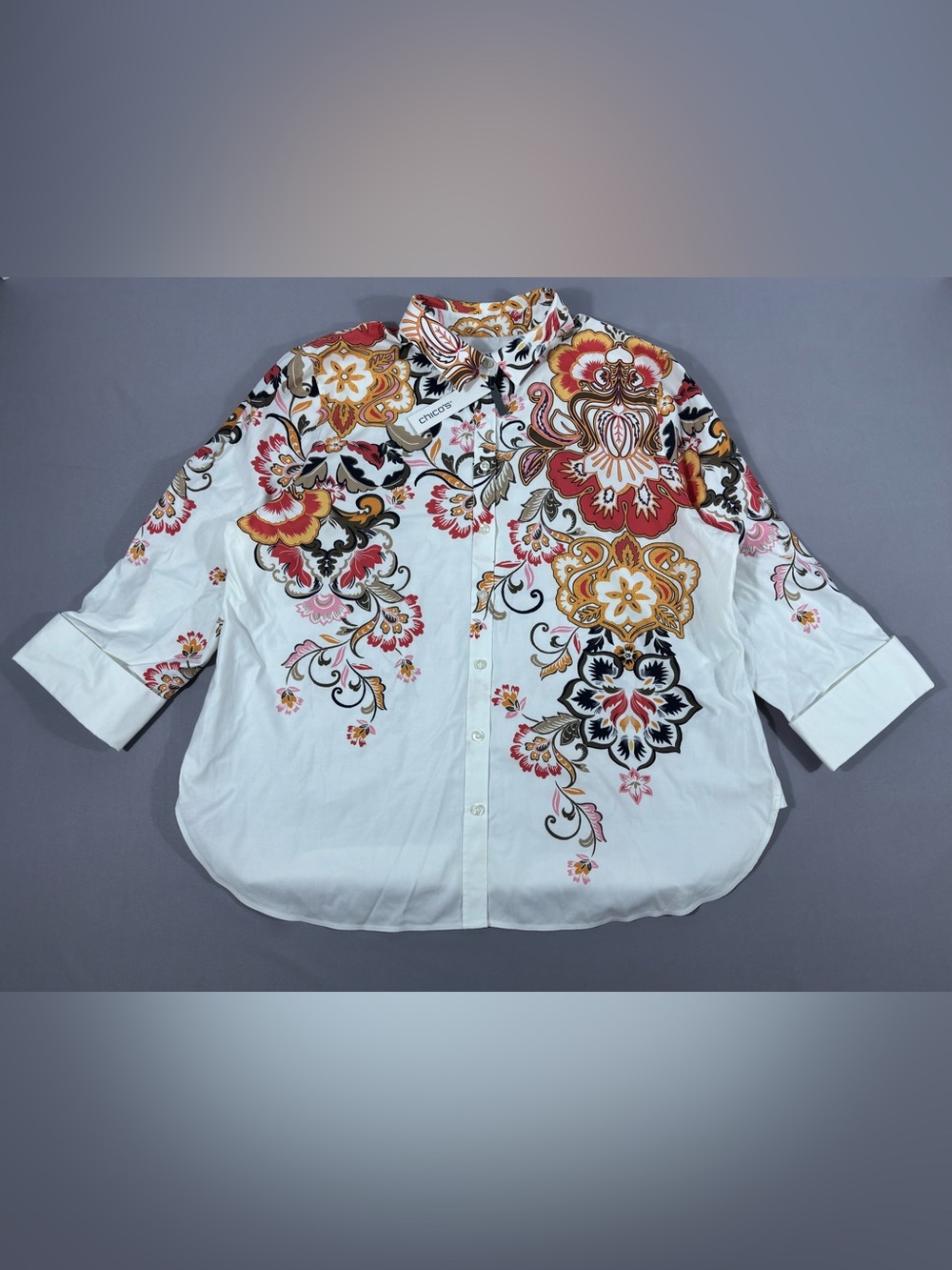 Chico’s Southern Baroque Floral No-Iron Button Down XL 3 NWT